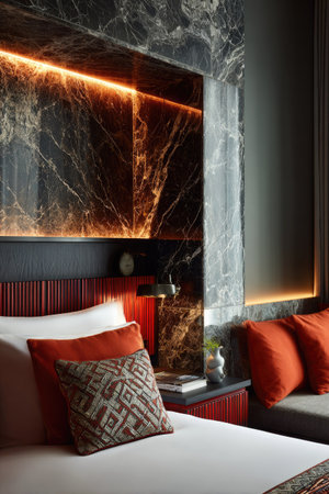 This image showcases a luxury hotel bedroom interior. The room features a bed with orange pillows, set against a backdrop of a marble wall. The lighting creates warm tones, highlighting the textures and creating a modern atmosphere. It could be suitable for commercial applications like hospitality or design projects.の素材