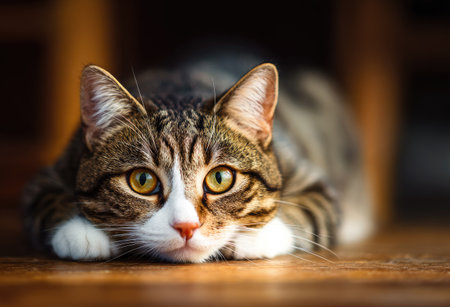 A close-up shot presents a domestic cat, prominently featured with brown and white markings. The cat is resting on a wooden surface, illuminated by warm, natural lighting. The composition highlights the cat's face with its intense eyes. This image is suitable for various editorial and commercial uses.の素材