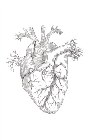 A grayscale sketch showcases the detailed anatomy of a human heart, rendered with shading to highlight its complex structure. Fine lines depict the veins and arteries, creating a realistic depiction against a plain backdrop. The composition is suited for medical illustrations, educational materials, or design purposes.の素材
