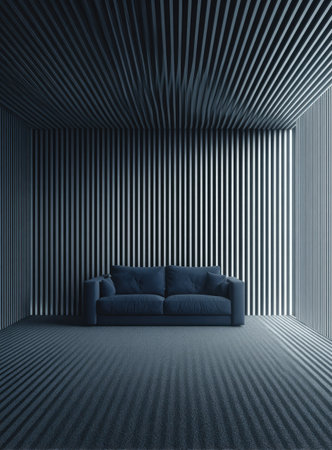 This image presents a modern interior with a blue sofa. The design features linear patterns on the walls, ceiling, and floor, creating a sense of depth. The composition utilizes soft lighting and shadows. This style is ideal for use in architectural visualizations and interior design projects.の素材