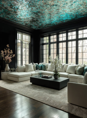 This image showcases a modern living room with a large sectional sofa and expansive windows. The room features a neutral color palette with accents of teal and dark tones. The composition highlights the interior design, emphasizing the textures and the interplay of natural and artificial light. Suitable for architectural, interior design, or lifestyle content.の素材
