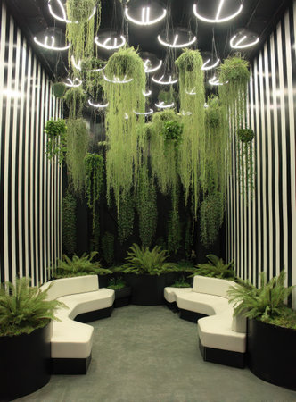 An interior space showcases lush greenery cascading from above and potted plants, complemented by modern white seating arrangements. The composition features linear design elements, soft textures, and a contrasting color palette. The lighting creates an atmospheric effect. Suitable for a variety of visual projects.の素材