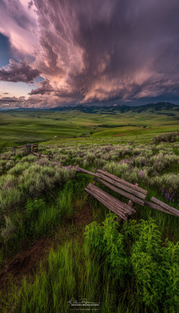An expansive landscape showcases a stormy sky dominating green fields and distant hills. The natural color palette includes lush greens and purplish clouds, enhanced by sunlight. This scene may be suitable for environmental themes, travel promotions, or editorial projects that need impactful imagery.の素材