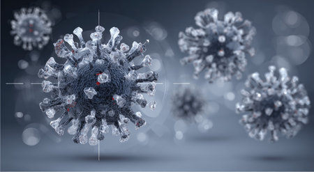 This image showcases multiple viral structures in a detailed, artistic representation. The subjects exhibit a complex, textured appearance. The composition utilizes soft focus and gradient effects. This visual is suitable for scientific illustration, medical presentations, and informational resources.の素材
