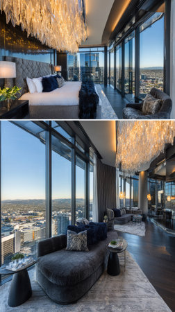 This image presents a sophisticated bedroom featuring a city view. The composition includes a large bed, seating areas, and expansive windows. The room showcases a contemporary style with soft lighting, neutral colors, and refined textures. It can be used for various commercial and editorial purposes.の素材