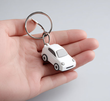 A hand cradles a small, white car keychain, featuring black tires and a gray window. The object is set against a plain gray background, creating a clean and simple composition. This image is suitable for projects related to automobiles, accessories, or concepts of travel, and could be used in commercial or editorial contexts.の素材