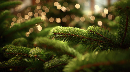 Detailed image showcases vibrant green fir tree branches with soft, needle-like textures. The composition features a shallow depth of field, highlighting the textures and details of the plant. The backdrop has blurred, warm-toned circular lights that add a festive feel to the image. This could be used for various commercial and editorial purposes.の素材
