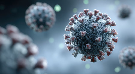 This image showcases a detailed view of a spherical virus structure. The composition features multiple instances of the virus, exhibiting complex textures and varying shades of blue and red. The image could be used for educational, scientific, or editorial purposes, providing insight into the microscopic world. It is likely created in a laboratory setting.の素材