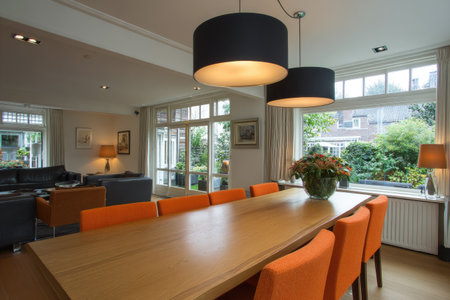 This interior shot presents a dining room with an elongated wooden table and orange chairs. Overhead, black and gold pendant lights illuminate the space. Large windows reveal a view of an exterior garden. This image could be used for architectural, lifestyle, or home design publications.の素材