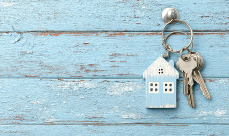 A house-shaped trinket hangs on a key ring alongside keys, placed on a textured, weathered blue wooden surface. The image displays a close-up perspective. The color palette features blue and silver tones. This image could be suitable for representing home ownership, real estate, or concepts related to security and property.の素材
