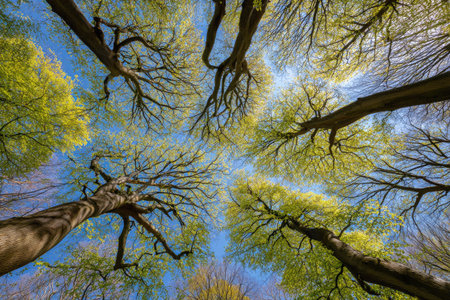 An overhead shot captures tree branches and green leaves set against a clear blue sky. The composition emphasizes the upward perspective, revealing the trees' structure and foliage. Natural sunlight illuminates the scene, providing visual interest. This image could be used for various commercial and editorial purposes.の素材