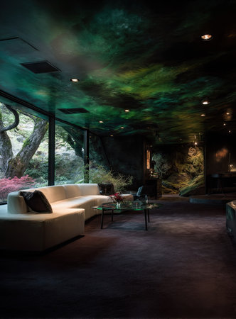 A modern living room features a curved white sofa, a glass coffee table, and large windows overlooking a lush outdoor landscape. The ceiling showcases an artistic, colorful design. This interior scene could be used for architectural visualization, design projects, or editorial purposes.の素材