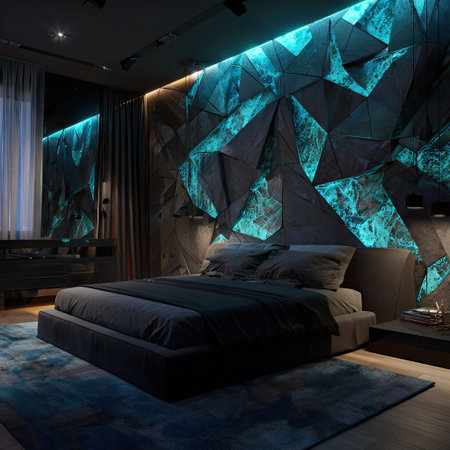 A contemporary bedroom showcases a low platform bed with dark bedding. The focal point is a geometric feature wall illuminated with blue accent lighting. The scene has a moody atmosphere with dark tones, creating a stylish environment suitable for interior design projects and commercial uses.の素材