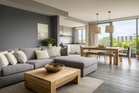 This image showcases a contemporary living room with a comfortable sofa and wooden furniture. The room is bathed in natural sunlight and features a dining area and a kitchen visible in the background. The overall ambiance is clean and inviting, suitable for a variety of editorial or commercial projects related to home decor.の素材