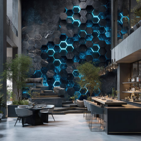 An interior space showcases a large wall adorned with hexagonal patterns, illuminated with neon blue accents. The composition includes a dining area and a bar, featuring contemporary furniture. The design uses contrasting dark and light tones to create a modern look. This image may be suitable for architectural presentations and interior design concepts.の素材