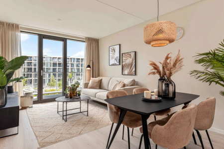 An interior view showcases a modern living room with a dining area. It features a sofa, table, chairs, and ornamental plants. The style is contemporary, emphasizing natural light and neutral tones. The space may be suitable for residential design, lifestyle content, or real estate advertising.の素材