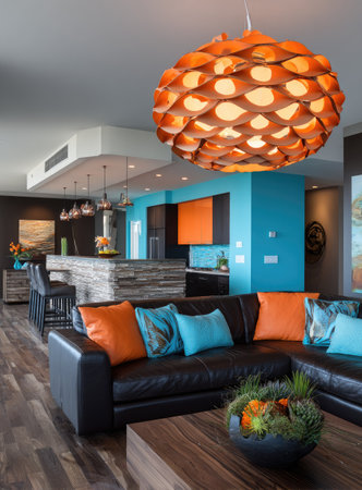 The image showcases a contemporary living room arrangement. A large, decorative orange pendant lamp hangs above a black leather sofa adorned with colorful pillows. Blue and orange elements are incorporated into the wall decor, creating a vibrant and stylish atmosphere. This image could be used for advertising or design purposes.の素材
