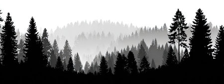 A monochrome illustration displays a forest scene with multiple layers of trees in silhouette. The image shows a gradient of grey tones, creating depth. This design could be suitable for various applications. It may serve as a backdrop, or decorative element for editorial or commercial use.の素材