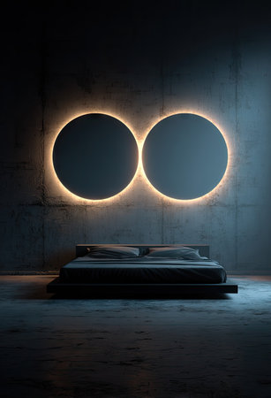A contemporary bedroom setting presents a bed beneath two connected, glowing circular fixtures. The composition showcases a dark, minimalist aesthetic with concrete walls and soft lighting. This image could be used for interior design projects, architectural visualizations, or creating a sense of modern elegance in promotional materials.の素材