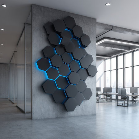 This image showcases a contemporary office interior with a striking art installation. A series of dark, geometric hexagon tiles are mounted on a concrete wall, illuminated with vibrant blue lighting. The composition emphasizes clean lines and a modern aesthetic. This scene could be used in various commercial contexts.の素材