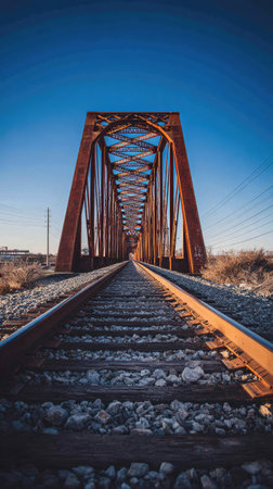 An eye-level perspective presents a railway bridge under a cloudless blue sky. The structure, featuring rust-colored metal and linear patterns, leads the eye toward a vanishing point. The scene is illuminated by natural light, highlighting textures. Suitable for editorial or commercial visuals related to infrastructure.の素材
