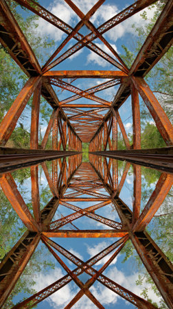 An abstract image presents a symmetrical composition of a rusted metal bridge. The structure's geometric patterns are mirrored, reflecting the sky and lush greenery. The color palette is dominated by warm tones, suggesting age and durability. This image could be suitable for various commercial and editorial projects.の素材