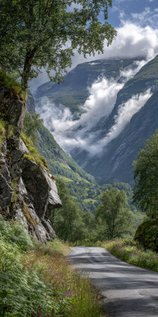 A paved road curves through a mountainous landscape, flanked by rocky cliffs and dense foliage. The scene is filled with shades of green, with a blue sky and white clouds in the background. The image's composition and vibrant colors may be suitable for travel, environmental, or nature-themed projects.の素材