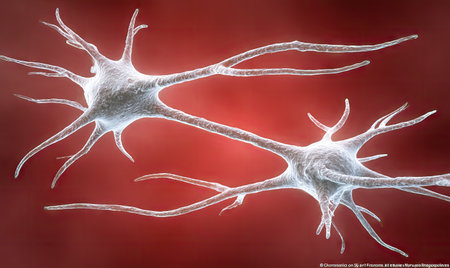 This illustration presents two neurons in a detailed view, featuring a complex structure with branching extensions. The cells are rendered in a bright, almost translucent white against a deep red background. The image uses a close-up perspective, highlighting the intricate details of neural cells, useful for scientific, medical, or educational materials.の素材