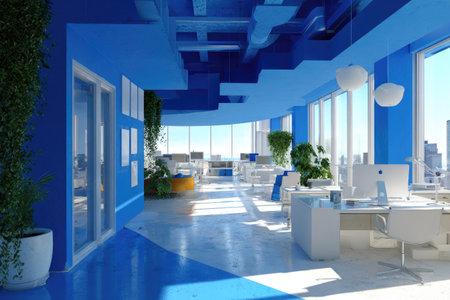 This image showcases a modern office space, dominated by blue and white hues. The composition highlights a clean, contemporary design with large windows allowing natural light. This interior scene could be used to illustrate concepts related to business, technology, or modern workplace environments. The setting suggests a professional and inviting atmosphere.の素材