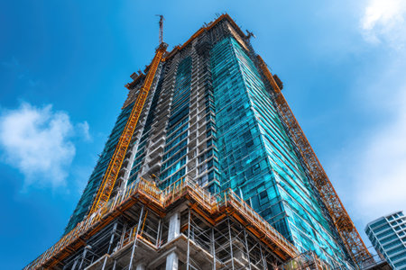 A modern skyscraper under construction dominates the scene, showcasing a complex framework of steel and glass. The building's facade reflects the clear blue sky, while construction cranes reach towards the heavens. This image could be used for architectural, engineering, or urban development projects.の素材