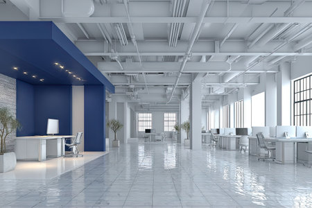 An expansive interior showcases a modern office with multiple workstations, bathed in natural light. The design features clean lines, a minimalist aesthetic, and a calming color palette dominated by white and blue accents. It could be used in marketing materials or for illustrating business and corporate topics.の素材