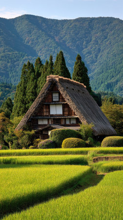 A traditional house with a steeply pitched thatched roof is the focal point, set against a backdrop of verdant hills and cultivated fields. The image showcases the house and surrounding environment with vibrant green and earth tones. The composition could be used for landscape, travel, or cultural themes.の素材