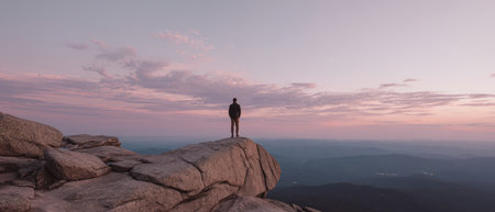A solitary figure stands atop a rocky mountain peak, silhouetted against a vibrant sky. The image displays a natural setting with soft, pastel colors that suggest a peaceful moment during the sunset. This photo is suitable for various uses, including travel, adventure, or nature-themed publications.の素材