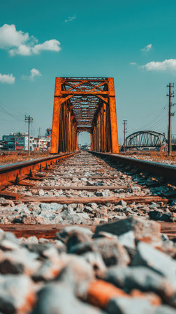A symmetrical composition highlights a weathered railway bridge. The rusted metal contrasts with the blue sky and scattered clouds above. The perspective focuses on the tracks leading into the structure. This image could be suitable for transportation, engineering, or travel-related visual content.の素材