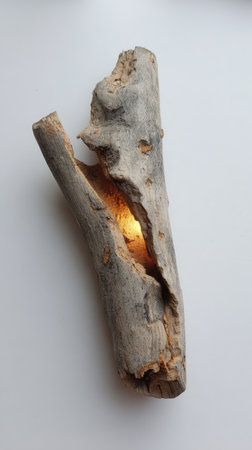 A piece of weathered driftwood is presented against a clean white backdrop. The rough texture and muted tones of the wood contrast with the smooth surface. A warm light shines from within the wooden form. This image could be used for commercial purposes or as an editorial illustration.の素材