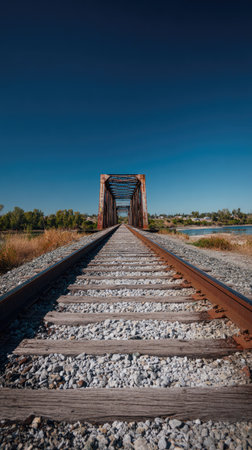 A perspective view features railway tracks stretching toward a weathered steel bridge. The scene presents a long, straight path under a bright, cloudless sky. The image showcases a classic linear composition and is well suited for a variety of commercial applications, including travel and infrastructure themes.の素材