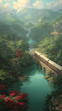 A detailed painting depicts a train traversing a bridge over a river winding through a mountainous region. The artwork features vibrant green vegetation, red floral accents, and the train's muted tones. The composition uses a long shot and natural lighting, possibly suitable for travel or nature-related publications.の素材