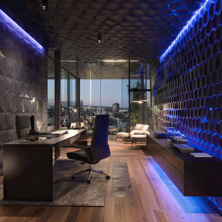 An interior shot showcases a contemporary office setting with geometric wall designs and ambient blue lighting. The space includes a desk, office chair, and an executive workstation. The composition features a combination of wood and dark textures with the use of natural light. It could be suitable for architectural, business, or design projects.の素材