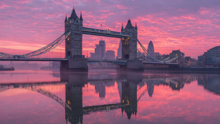 A historic bridge spans the tranquil waters reflecting a vibrant pink and purple sky. The architecture features intricate details set against the soft, diffused lighting of early morning. The image conveys a sense of stillness and visual harmony and could be suitable for travel, tourism, or artistic projects.の素材