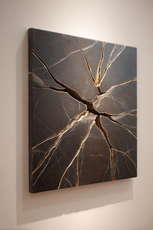 An abstract artwork displays a dark, textured surface with a network of gold veins. The composition is set against a neutral wall, providing a clean backdrop. The lighting emphasizes the textures, suggesting an interior setting. This image could be used for various design and decorative purposes.の素材