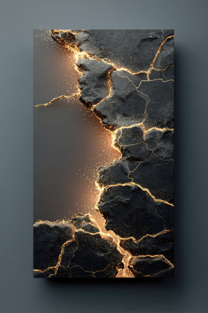 This image presents an abstract view of a dark, textured rock formation. The artwork features golden veins running through the rugged surface. The vertical composition utilizes strong lighting. The piece suggests a sense of depth and offers potential for use in artistic, decorative, or design projects.の素材