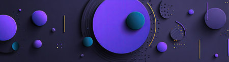 An abstract composition features 3D spheres and circular elements in shades of purple and cyan. The style appears modern and graphic, with textures and a play of light and shadow. This visual could be suitable for various commercial uses, including website backgrounds or design templates.の素材