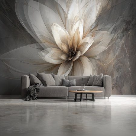 An interior scene showcases a large floral wall mural with a sofa and coffee table. The image features soft, neutral colors, with the mural dominating the composition. The lighting appears diffused, suggesting an indoor setting. The artwork and furnishings offer potential for decorative or design projects.の素材
