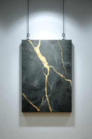 An image features a dark marble texture displayed on a rectangular surface, suspended against a plain white wall. The composition highlights the veins of gold running through the black stone. Overhead lighting illuminates the artwork. This image could be used for design, background, or decorative purposes.の素材