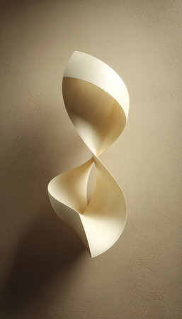 An abstract sculpture crafted from paper is presented against a neutral backdrop. The form is defined by a twisting, spiraling design, with smooth, curved surfaces and subtle shadows. The piece is illuminated by overhead lighting, emphasizing the texture of the paper. This visual could be suitable for various commercial and editorial applications.の素材