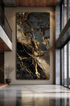 A large, vertical artwork featuring a marble pattern hangs on a neutral-toned wall, illuminated by natural light. The piece displays a mix of dark and gold hues, creating a textured effect. This image is suitable for illustrating interior design concepts and decorative applications, or for use in commercial designs.の素材