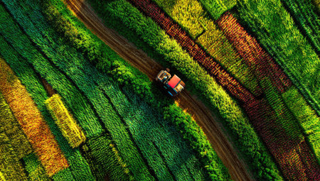 An overhead shot captures a tractor traversing colorful agricultural fields. Various shades of green, yellow, and brown form a geometric pattern. The image displays an outdoor setting with natural lighting. It could be used in editorial content or for agricultural business purposes.の素材