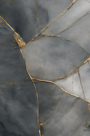 This image presents an abstract view of a marble texture with shades of gray and golden veins. The composition features a close-up perspective, showcasing the stone's natural patterns. The lighting creates highlights and shadows. This texture is well-suited for design projects, offering a visually appealing backdrop for various creative applications.の素材