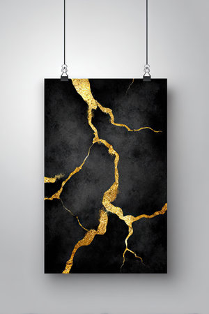 A vertical artwork features a dark background with a network of golden lines. The composition uses a soft, textured style, employing a blend of black and gold hues. The overall aesthetic creates a sense of depth and contrast, suitable for various decorative and artistic applications. This image can be used for commercial and editorial purposes.の素材
