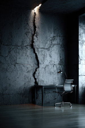 An abstract interior showcases a dramatic cracked wall bathed in overhead light. A minimalist desk and chair sit beneath the crack, accentuating the architectural elements. The composition features a cool color palette, emphasizing texture and contrast. This image is suitable for concept design and creative marketing campaigns.の素材